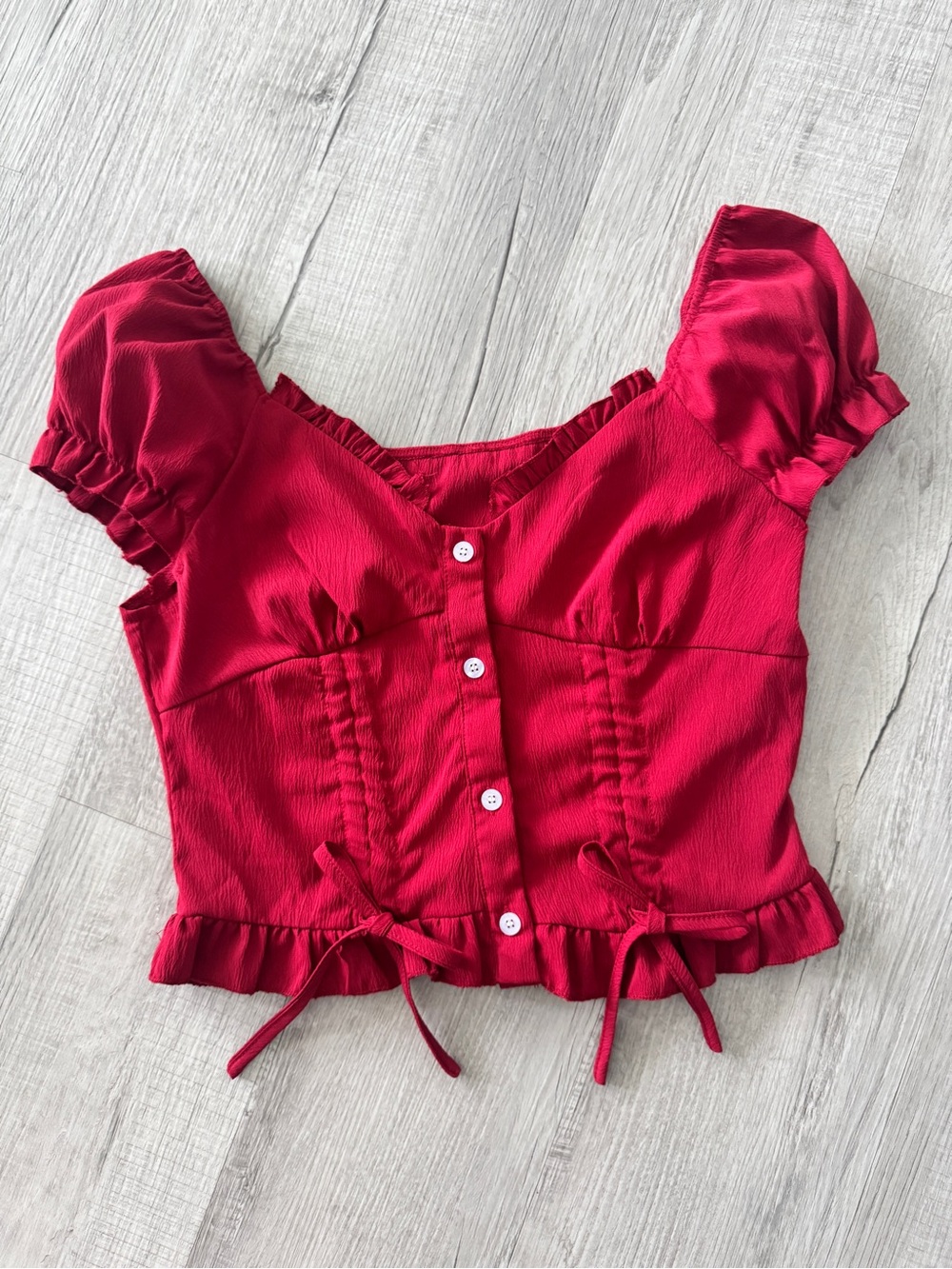 SHEIN Red Puff Sleeve Milkmaid Crop Top Blouse Small Ruffle Tie Hem Coquette